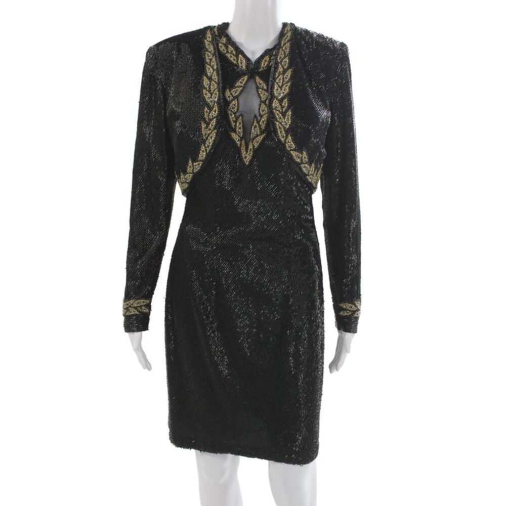 Claires Collection Women Black Silk Sheath Dress Mid-Calf Long Sleeve Size M
